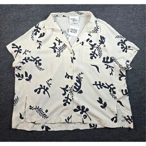 NWT Paper Heart Women's Cream Black Floral Cropped Polo Shirt Oversized Size M